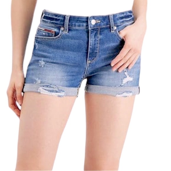 Tommy Jeans Cutoff Denim Shorts Destructed Size 2 Blue/Red Lettering  L… - Picture 1 of 8